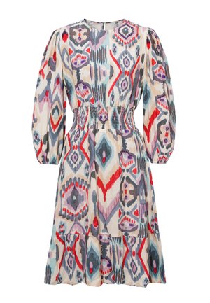 Printed dress in lightweight fabric, featuring a multicolored tribal pattern, long puff sleeves, a smocked waist, and a flared hem.