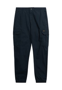 Pantalons cargo en néoprène bleu marine avec taille élastique, poches latérales, jambes fuselées et accents en boutons ; tissu lisse avec une finition mate.
