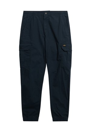 Marineblå cargo-bukser med elastisk talje, sidelommer, og tapered ben samt knapdetaljer; glat stof med mat finish.