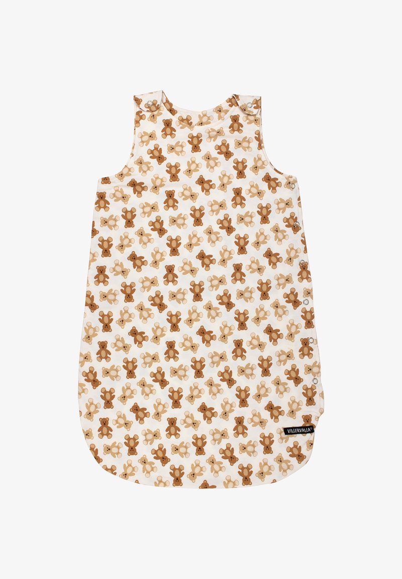 Sac de couchage en coton avec un fond blanc orné d'un motif répétitif d'oursons marron et beige. Encolure ronde et boutons-pression.