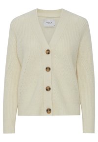Strikket cardigan i creme med V-hals, præget af fire store brune knapper og ribbede manchetter. Tekstureret stof med horisontale syninger.