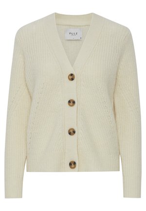 Pletený kardigán v krémovej farbe s V-výstrihom, ktorý má štyri veľké hnedé gombíky a rebrované manžety. Štruktúrovaná látka s horizontálnymi švami.