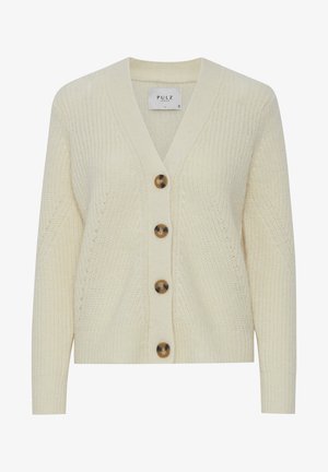 Pletený kardigán v krémovej farbe s V-výstrihom, ktorý má štyri veľké hnedé gombíky a rebrované manžety. Štruktúrovaná látka s horizontálnymi švami.