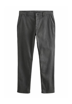 Slim-fit zwarte denimbroek met een soepele textuur, voorzien van twee zijzakken, een voorknopsluiting en subtiele stikseldetails.