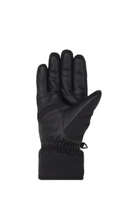 Gants noirs en cuir et textile, avec un poignet ajusté, une surface texturée et un design épuré comprenant des détails de couture distincts.