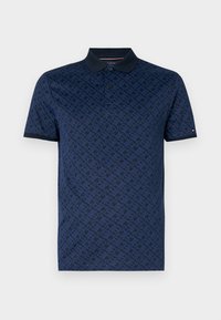 Mørkeblå kortermet polo skjorte med svart krage og skrå geometrisk mønster, to-knapps placket og lite logo på ermene.