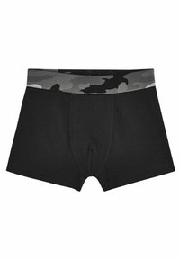 Fekete pamut boxer sort kamuflázs mintázatú elasztikus derékpánttal. Elől zseb található, sima, varrott varratokkal.