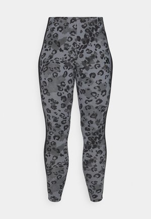 Grijze leggings met een zwart luipaardprintpatroon, gemaakt van rekbare stof, met een hoge tailleband en een strakke pasvorm.