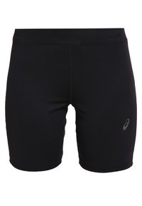 Černé sportovní šortky vyrobené z pružného, hladkého materiálu. Mají přiléhavý střih s nenápadným logem na dolní části nohavic a elastickým pasem.