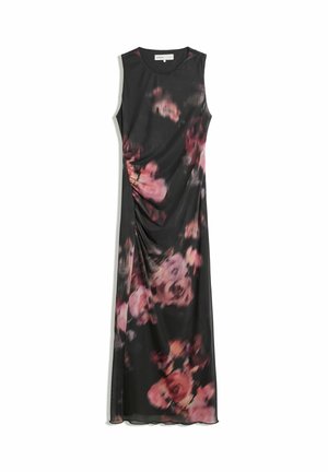 Crna maksi haljina bez rukava s ružičastim i ljubičastim cvjetnim uzorkom i suptilnim detaljem nabiranja sa strane.