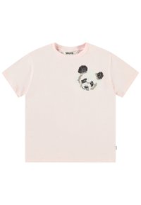 Camiseta de algodón rosa con un corte holgado que presenta un diseño de cara de panda texturizada en el pecho. Mangas cortas y escote redondo.