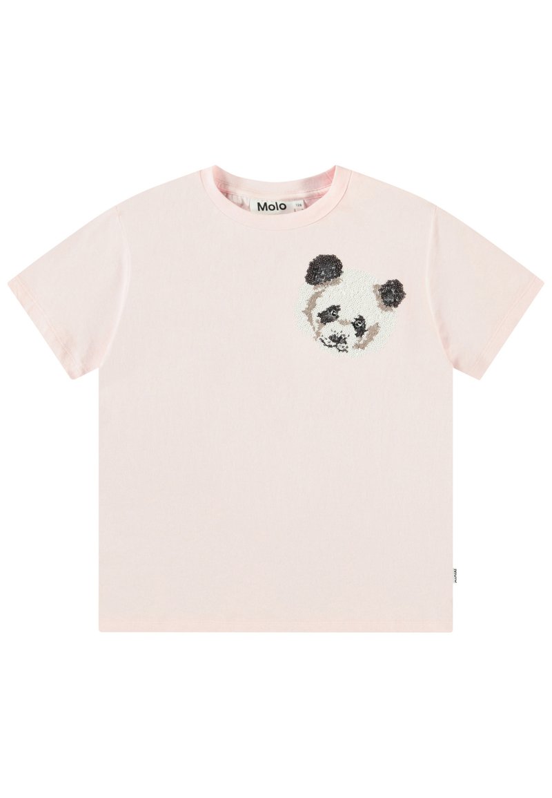 Camiseta de algodón rosa con un corte holgado que presenta un diseño de cara de panda texturizada en el pecho. Mangas cortas y escote redondo.