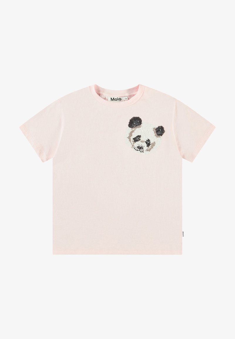 Pink cotton t-shirt with a loose fit featuring a textured panda face design on the chest. Short sleeves and a round neckline.