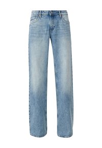 Jeans de mezclilla rectos en azul claro con un diseño clásico de cinco bolsillos y cierre de botón, que presentan un sutil detalle de desgaste.