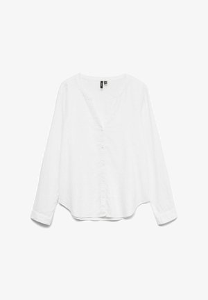 Balta ilgā piedurkne krekls no viegla auduma ar V-veida kakla izgriezumu, pogu priekšpusi un noapaļotu apakšmalu. Mīksta tekstūra ar brīvu piegriezumu.