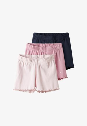 Cotton shorts in pink, light pink with heart pattern, and navy. Each has a ruffled hem and an elastic waistband for comfortable fit.