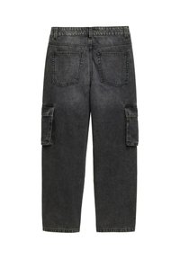 Cargo-Jeans aus dunkelgrauem Denim, mit einer entspannten Passform, mehreren Cargo-Taschen und standardmäßigen Gesäßtaschen. Einfache Nähte setzen Akzente.