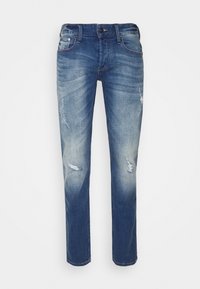 Bleka blå denimjeans med rak benform, med slitna detaljer och en klassisk femficksdesign, med dragkedja och knappstängning.