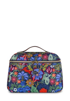 Cosmetictas met bloemmotief op een donkere achtergrond, voorzien van eenritssluiting en een bruine handgreep, gemaakt van duurzaam materiaal.