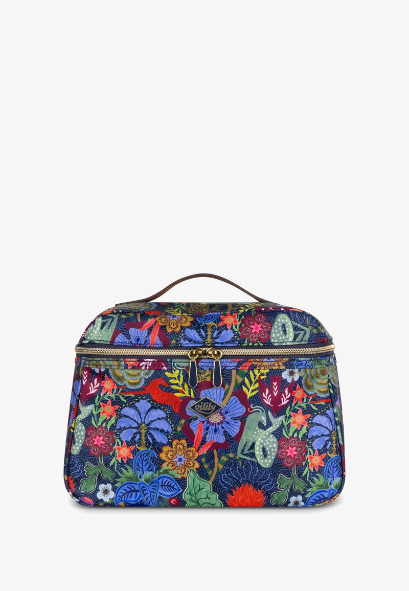 Ritsvakje met bloemenpatroon in levendige kleuren blauw, rood en groen. Voorzien van een bruin handvat en gouden accenten.