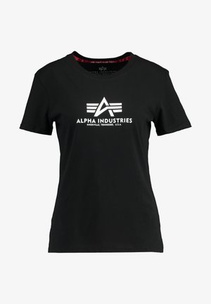 Schwarzes Baumwoll-T-Shirt mit einem weißen Logo, das stilisierte Buchstaben "A" und "I" sowie fünf horizontale Streifen zeigt. Klassisches Rundhalsausschnitt-Design.