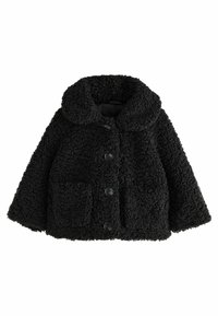 Giacca in fleece nera con una superficie testurizzata e soffice, colletto rotondo e quattro bottoni neri. Presenta due tasche frontali.