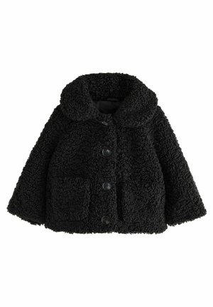 Veste en polaire noire avec une surface texturée et duveteuse, col rond et quatre boutons noirs. Comprend deux poches avant.