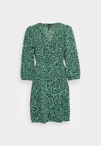 Vihreä painokuvioinen mekko, jossa on kukkakuosi, v-pääntie, pitkät pussihihat ja vyötärö esillä, valmistettu kevyestä kankaasta.