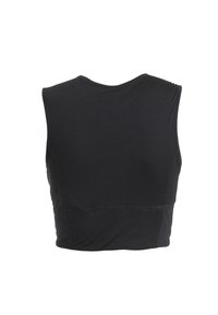 Musta lyhyt urheiluliivi, jossa on teksturoitu kangas, leveät kainaloaukot ja pyöreä pääntie. Sisältää vahvistetut saumat alahelman varrella.