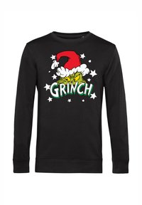 Černá mikina s dlouhým rukávem s grafikou Grinche, červenou čepicí s bílým lemováním a zeleným textem s hvězdami. Hladká látka, standardní střih.