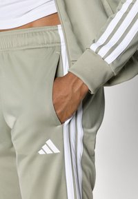 Gaiši zaļš treniņtērps ar baltām svītrām, ar rāvējslēdzēja kabatu un ribotām piedurknēm. Adidas logo redzams uz biksēm.