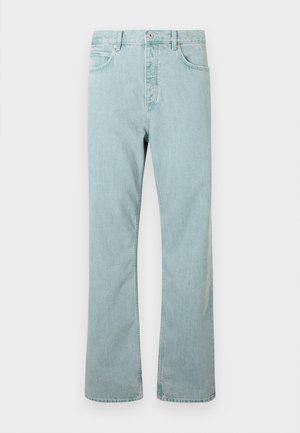 Light blue denim jeans with a straight-leg cut, five pockets, and a single button closure. Finished with subtle stitching details.