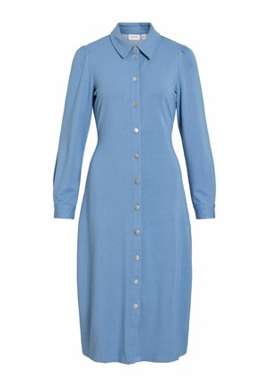 Light blue, long-sleeve, button-down midi dress with collar and slightly puffed shoulders, fitted waist, and silver snap buttons.