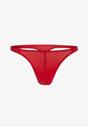 Tanga roja de tejido transparente con patrón de rayas horizontales, cinturilla elástica, mínima cobertura y diseño sin costuras. Textura ligera y suave.