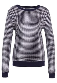 Pull en tricot à motif bleu marine et rose clair, col rond, manches longues, texture en maille, présentant un design pied-de-poule et des poignets et un ourlet côtelés.