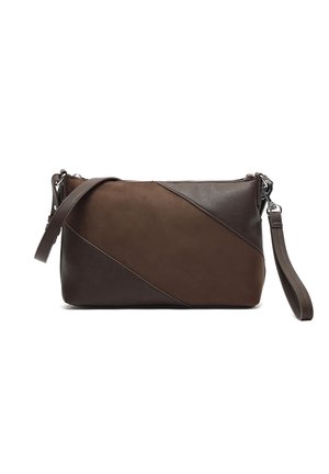 Rectangular two-tone brown leather crossbody bag with diagonal color panels, adjustable strap, and detachable wristlet on a white background.