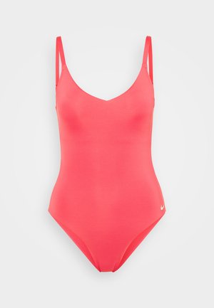 Heled korallvärvi ühes tükis ujumistrikoo, millel on õhukesed reguleeritavad rihmad, V-kaelusega disain, sile tekstuur ja väike logo aktsent alumisel külgedel.