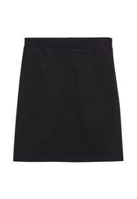 Zwarte katoenen rok met een rechte vorm, elastische tailleband en een soepele textuur. Heeft een eenvoudig ontwerp zonder patronen of versieringen.