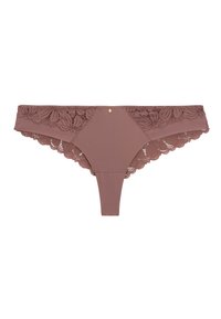 String en dentelle de couleur mauve doux, avec un tissu lisse et un motif floral à la taille, agrémenté d'un petit accent doré.