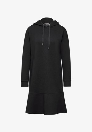 Vestido sudadera negro hecho de tela suave, con un corte relajado, mangas largas, capucha con cordón y un dobladillo acampanado.