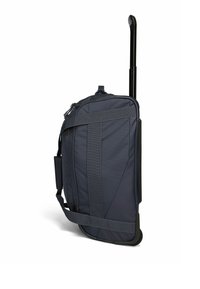 Zaino a rotelle in tessuto blu scuro con un design strutturato. Presenta un manico estraibile, spallacci e ruote robuste per una facile movimentazione.