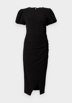 Must must midi-kleit lühikeste õhitud varrukatega, ümmarguse kaelusega, vöökohal kogutud detailiga ja esiküljel lõhikuhemiga.