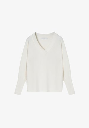 Witte V-hals trui van zachte stof, met lange mouwen, een relaxte pasvorm en geribde manchetten voor textuur en detail.
