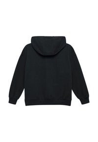 Černá mikina s kapucí a dlouhými rukávy, elastickými manžetami a volným střihem. Hladký povrch, jednobarevná, minimalistický design, žádné viditelné logo.