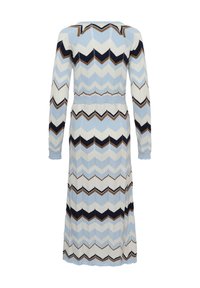 Robe à manches longues avec un motif en zigzag, présentant des nuances de bleu clair, marine et marron. Fabriquée en tissu tricoté avec une taille cintrée.