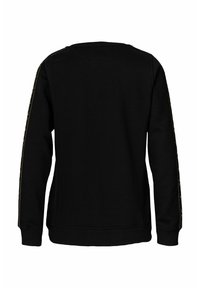 Černá mikina s dlouhými rukávy, elastickými manžetami a lemem, a vzorovými postranními pruhy v kontrastní barvě. Hladká, netexturovaná látka.