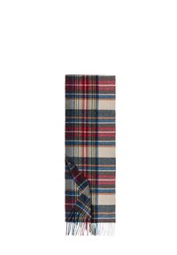 Rectangular wool scarf with multicolored plaid pattern in red, blue, beige, gray, and green, featuring fringed ends and a folded corner.