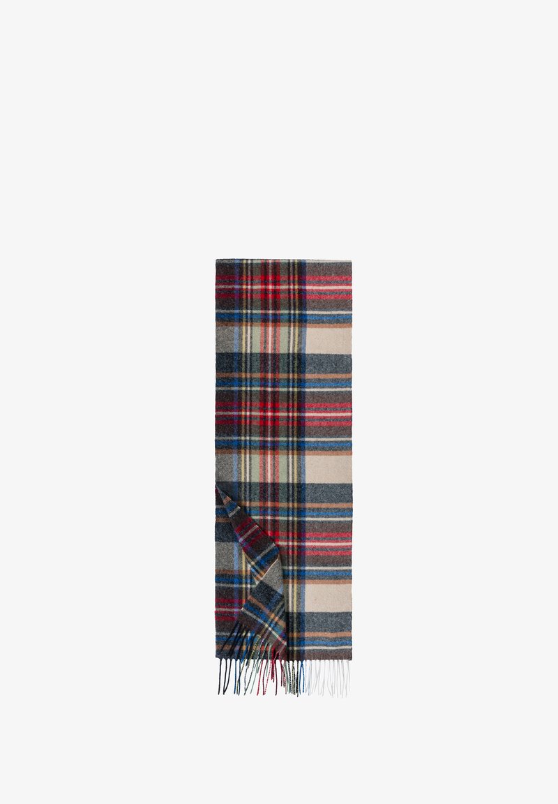 Rechteckiger Wollschal mit mehrfarbigem Karo-Muster in Rot, Blau, Beige, Grau und Grün, mit Fransen an den Enden und einer gefalteten Ecke.
