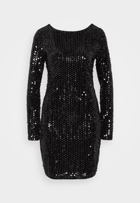 Czarna sukienka z długim rękawem pokryta cekinami, z dopasowaną sylwetką i okrągłym dekoltem. Gładka tekstura i błyszczące wykończenie.