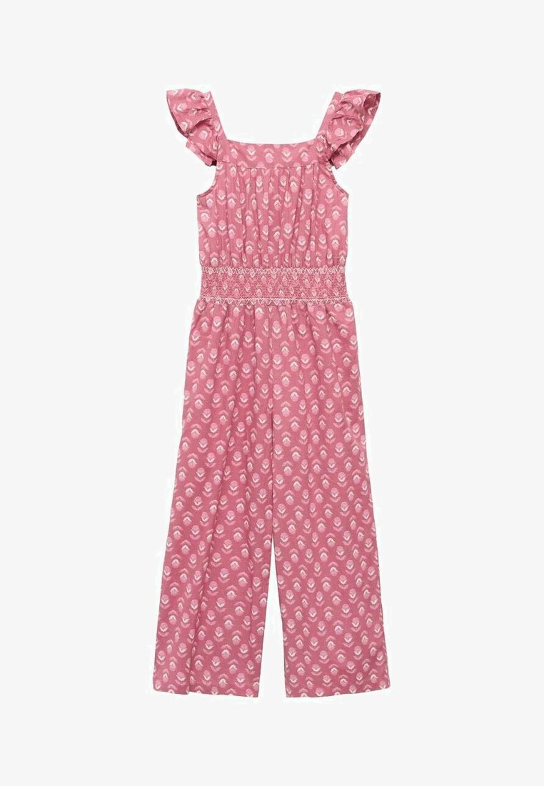 Pink jumpsuit with ruffled shoulder straps, smocked waist, and all-over white leaf print. Made of lightweight fabric with wide legs.